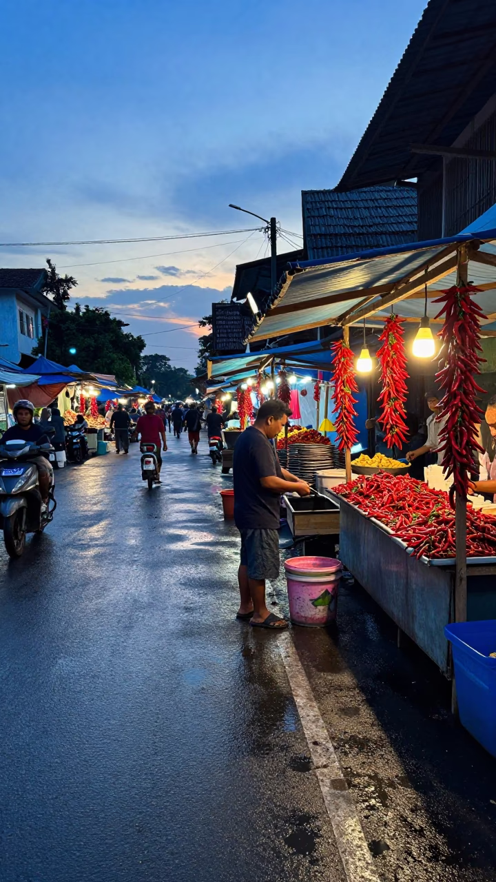 Surabaya Indonesia dawn street scene with red chili peppers and camellia flowers in in Surabaya, Indonesia