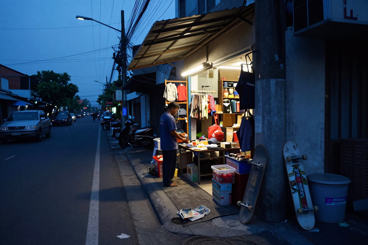 Surabaya Indonesia Dawn Street Scene with Shopkeeper and Local Elements in in Surabaya, Indonesia