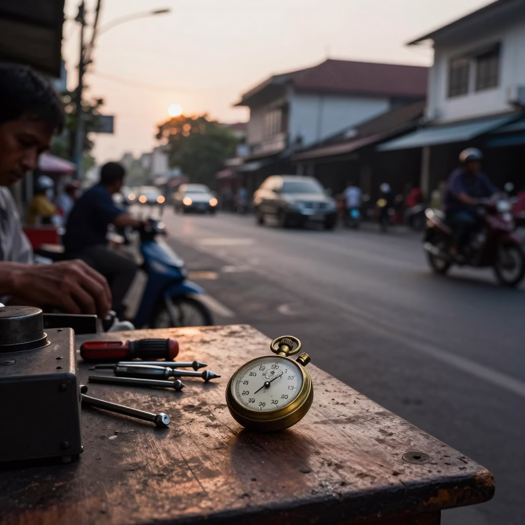 Surabaya Indonesia Dawn Street Scene with Vintage Stopwatch and Mechanical Tools in in Surabaya, Indonesia