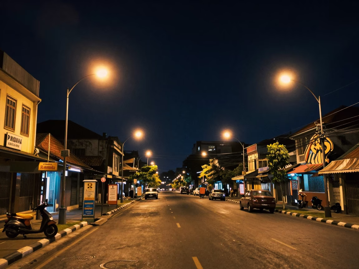 Surabaya Indonesia Deep Night Sky Street Scene with Colorful 1960s Vintage Atmosphere in in Surabaya, Indonesia