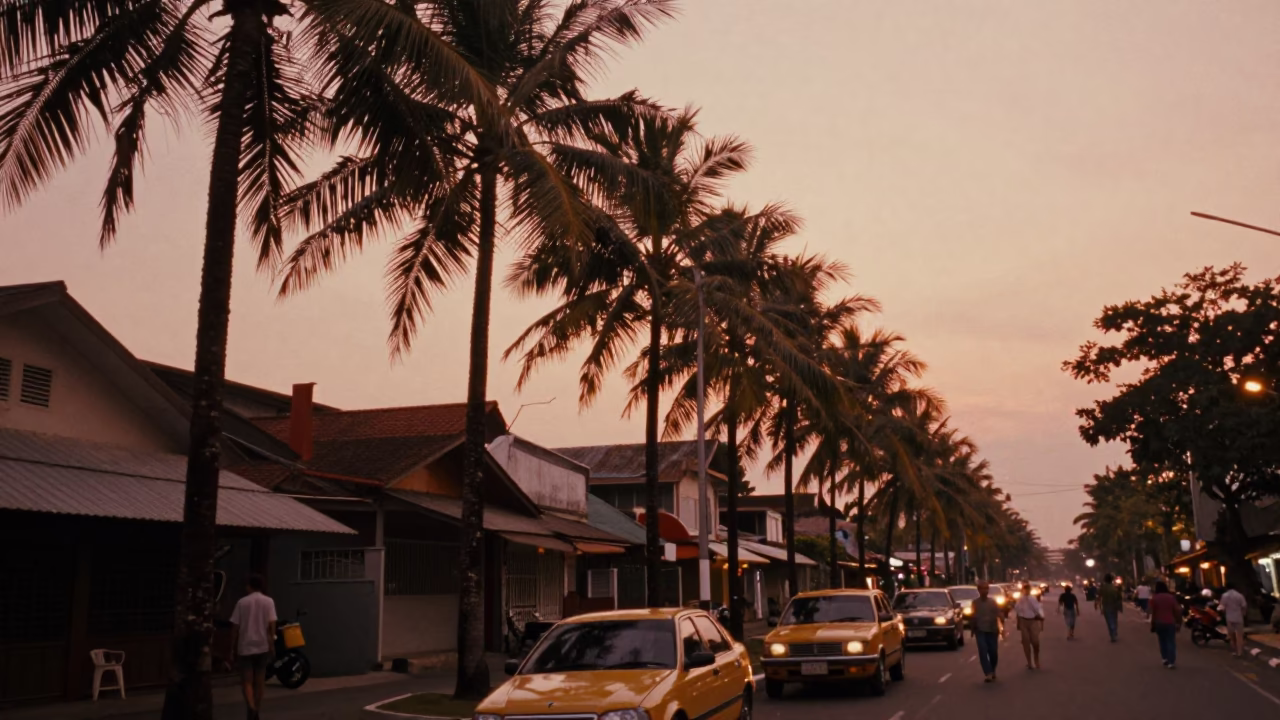 Surabaya Indonesia Dusk Street Scene with Palm Trees and Local Activity in in Surabaya, Indonesia