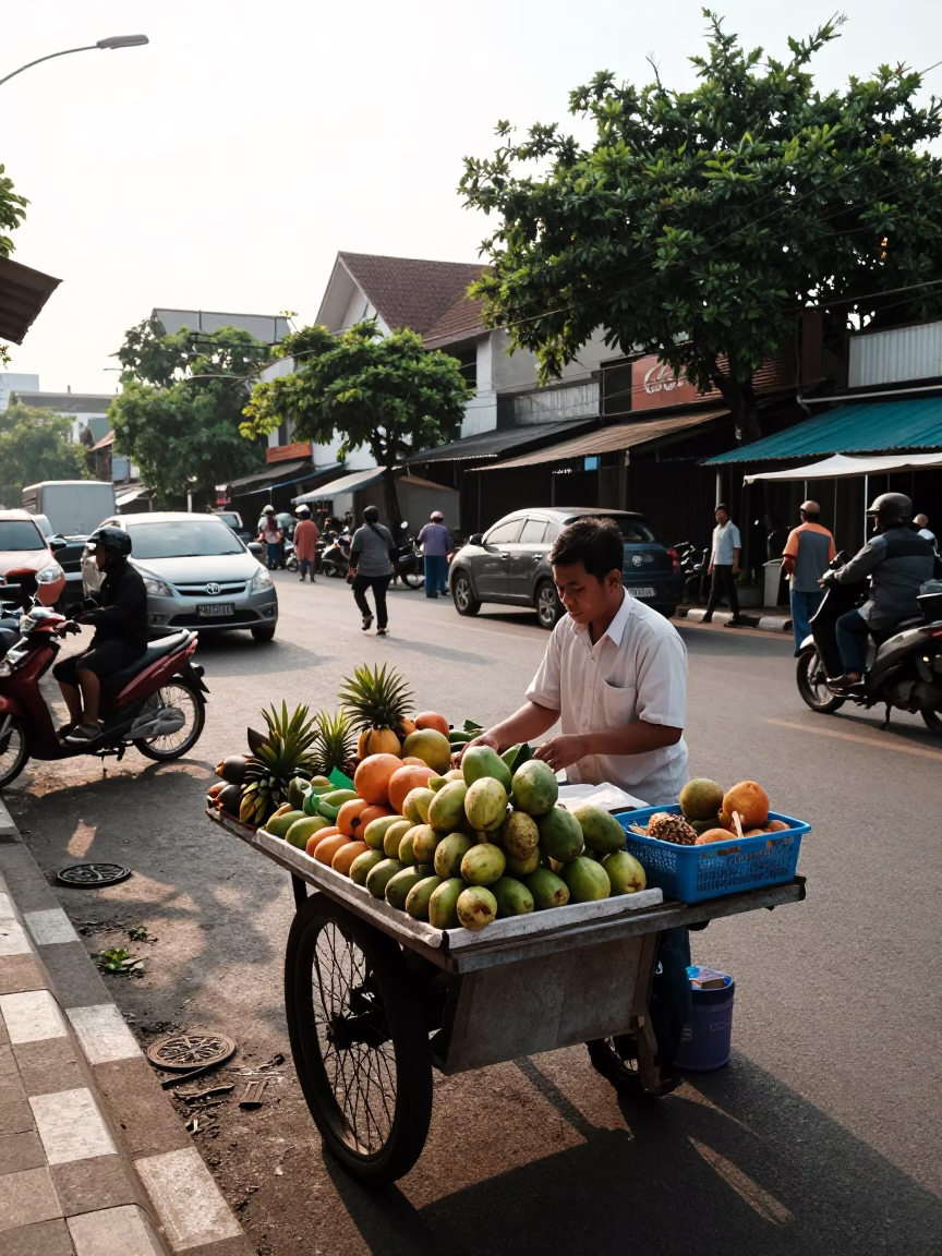 Surabaya Indonesia Early Afternoon Street Scene with Local Vendor and Vintage Motorcycle in in Surabaya, Indonesia