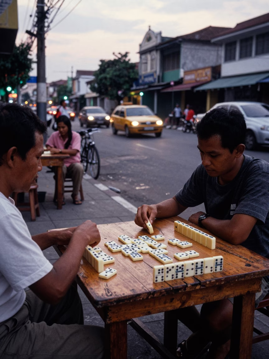 Surabaya Indonesia Early Evening Street Scene with Dominoes and Local Life in in Surabaya, Indonesia