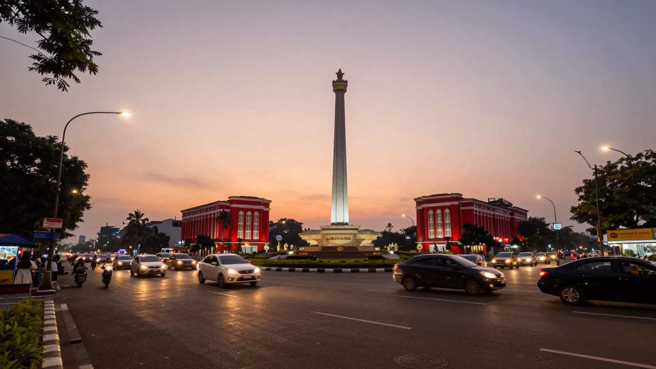 Surabaya Indonesia Early Evening Street Scene with Local Traffic and Traditional Elements in in Surabaya, Indonesia