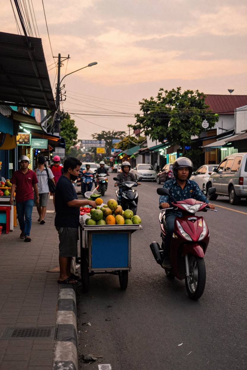 Surabaya Indonesia early evening street scene with motorbikes and local vendors in in Surabaya, Indonesia