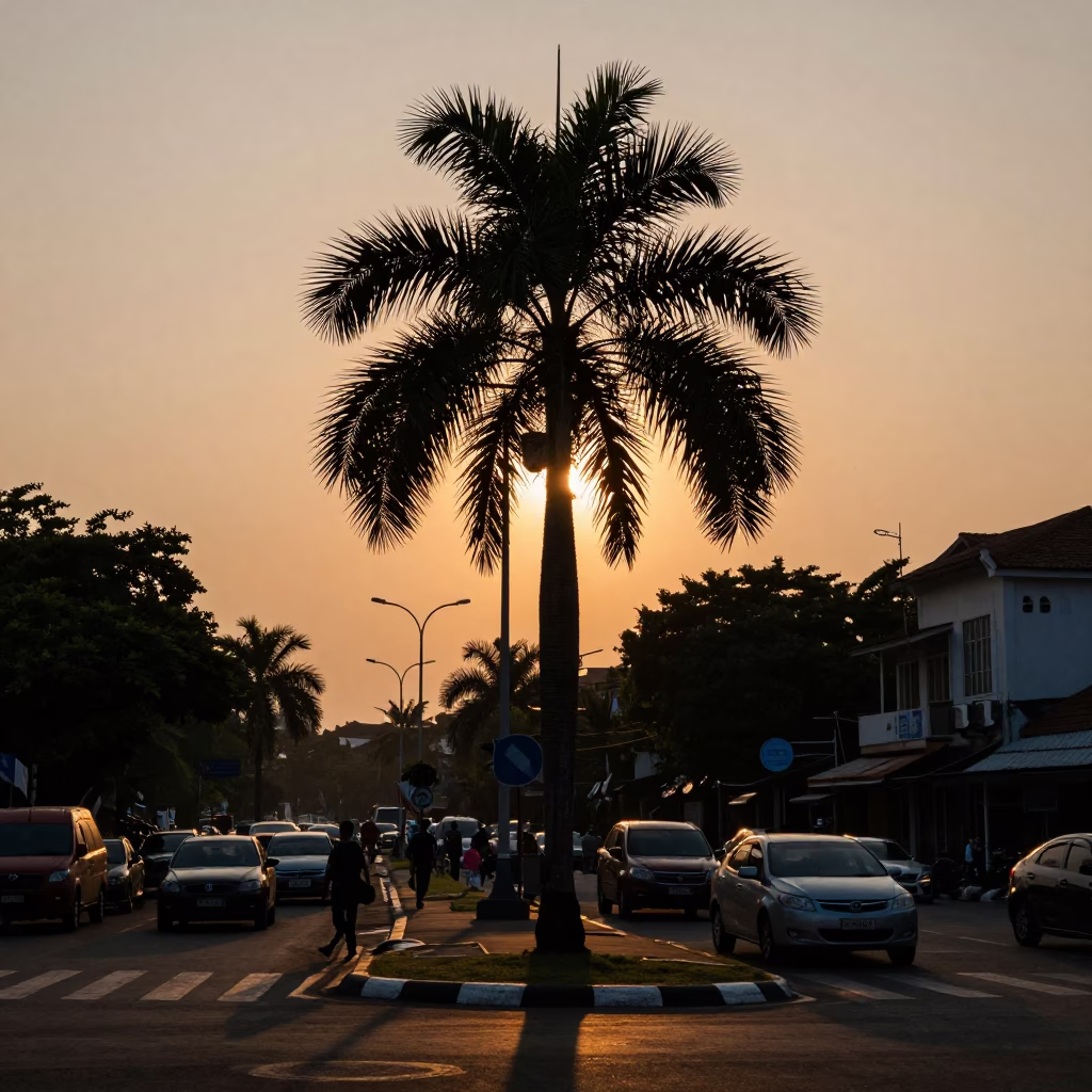 Surabaya Indonesia Early Evening Street Scene with Palm Tree Silhouette and Traffic in in Surabaya, Indonesia