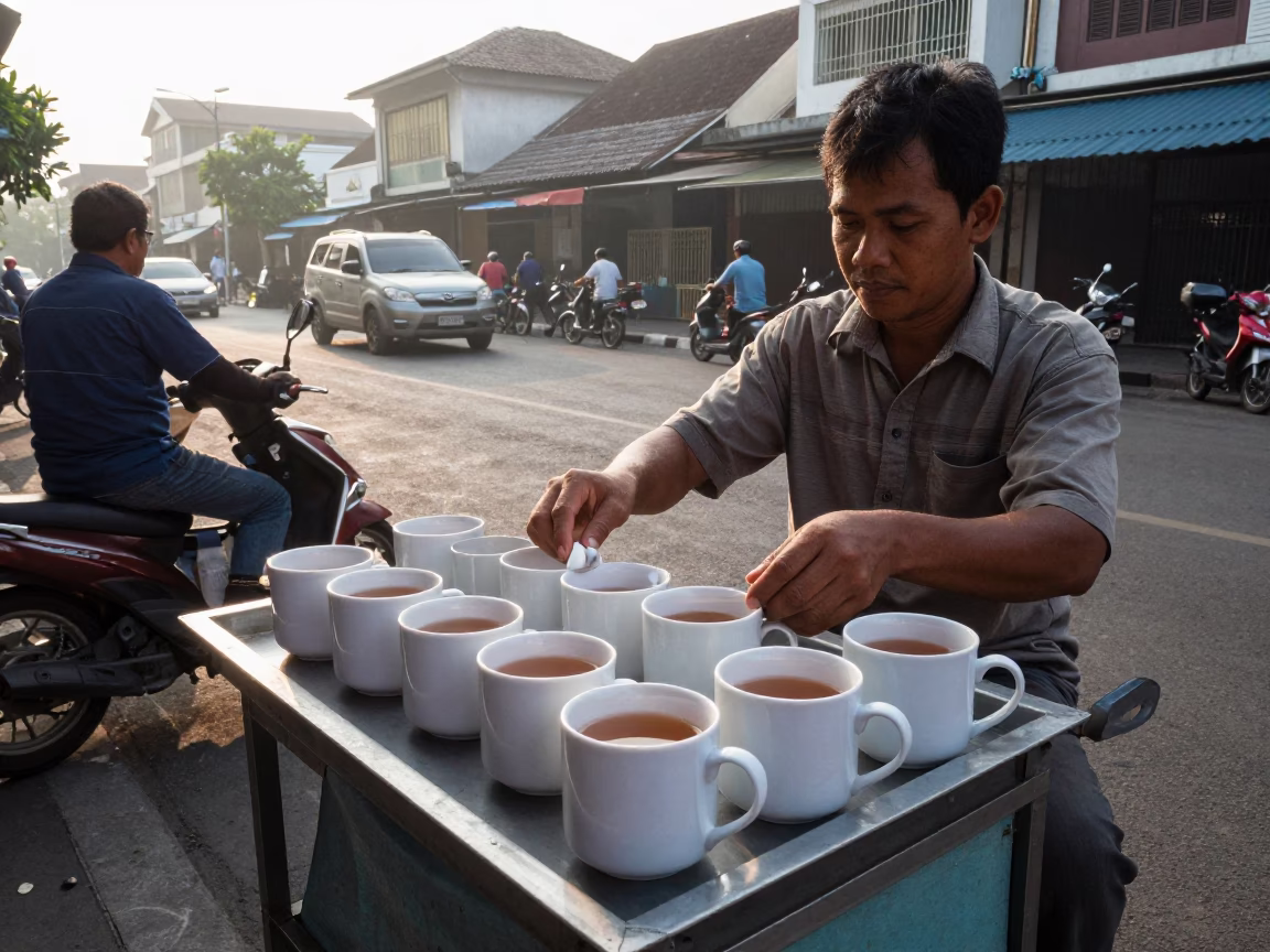 Surabaya Indonesia Early Morning Street Scene with Ceramic Mugs and Local Morning Rituals in in Surabaya, Indonesia