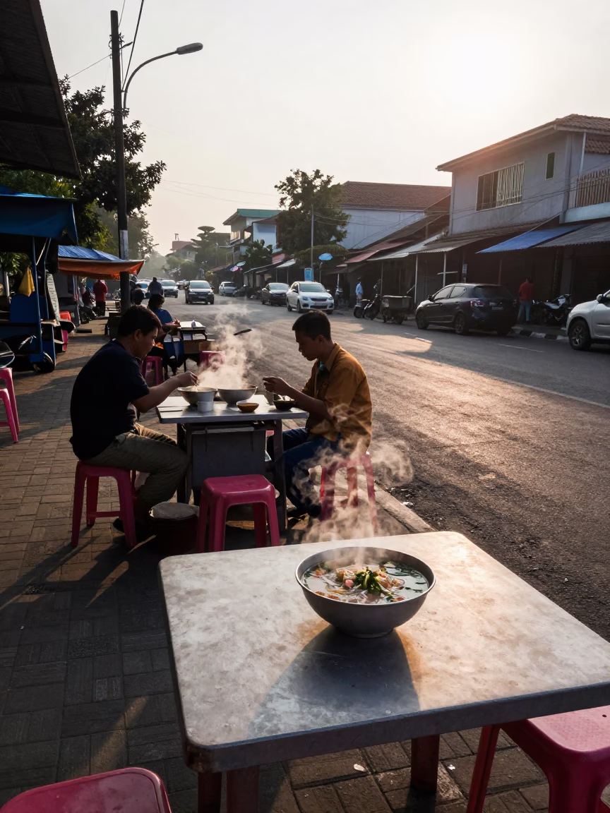 Surabaya Indonesia Early Morning Street Scene with Local Food Stall and Overpass in in Surabaya, Indonesia