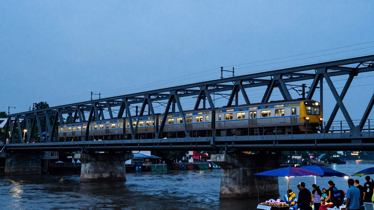 Surabaya Indonesia Evening Blue Hour Commuter Train Crossing Bridge with Street Vendors in in Surabaya, Indonesia