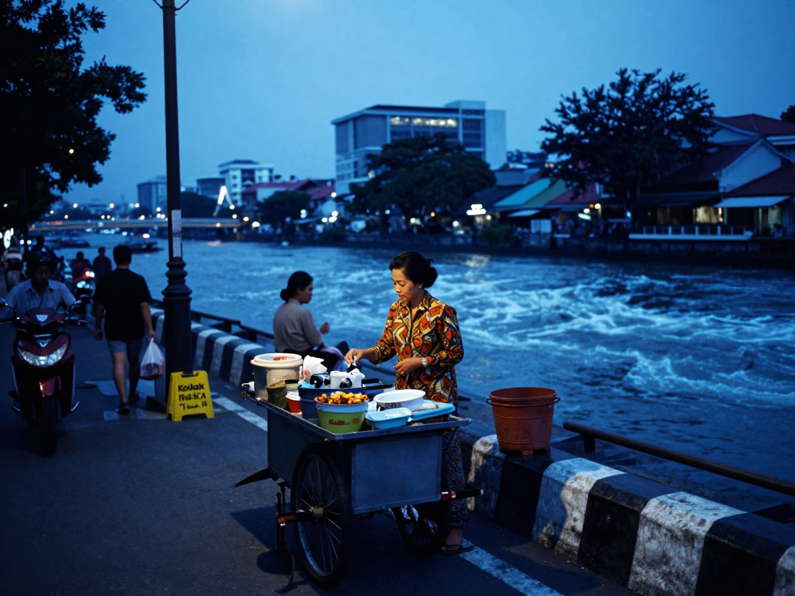 Surabaya Indonesia Evening Blue Hour Street Scene with River Foam and Night Market Ambience in in Surabaya, Indonesia