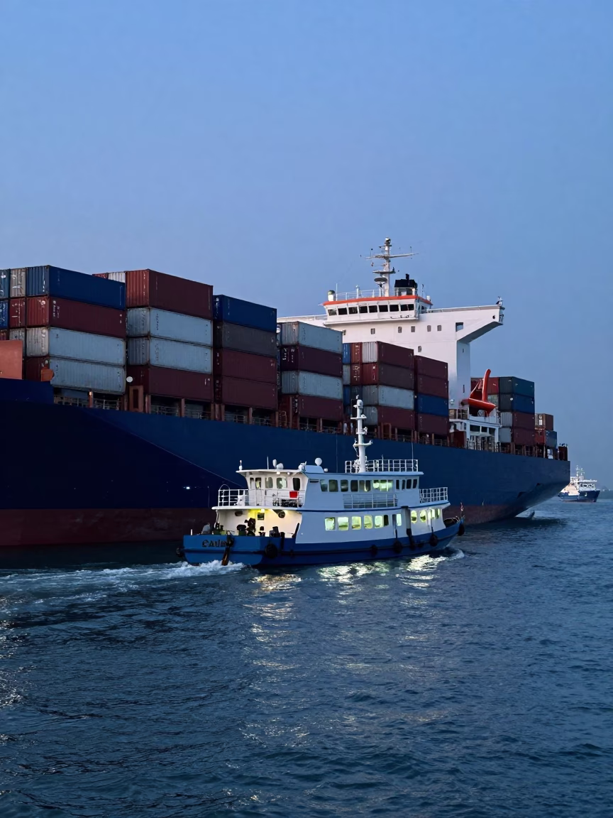 Surabaya Indonesia Evening Port Scene Pilot Boat Guiding Container Ship Last Blue Light in in Surabaya, Indonesia