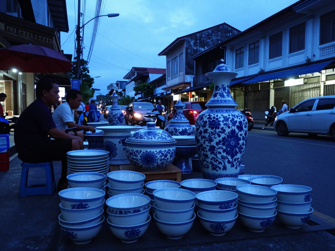 Surabaya Indonesia Evening Street Scene with Blue White Porcelain and River Activity in in Surabaya, Indonesia