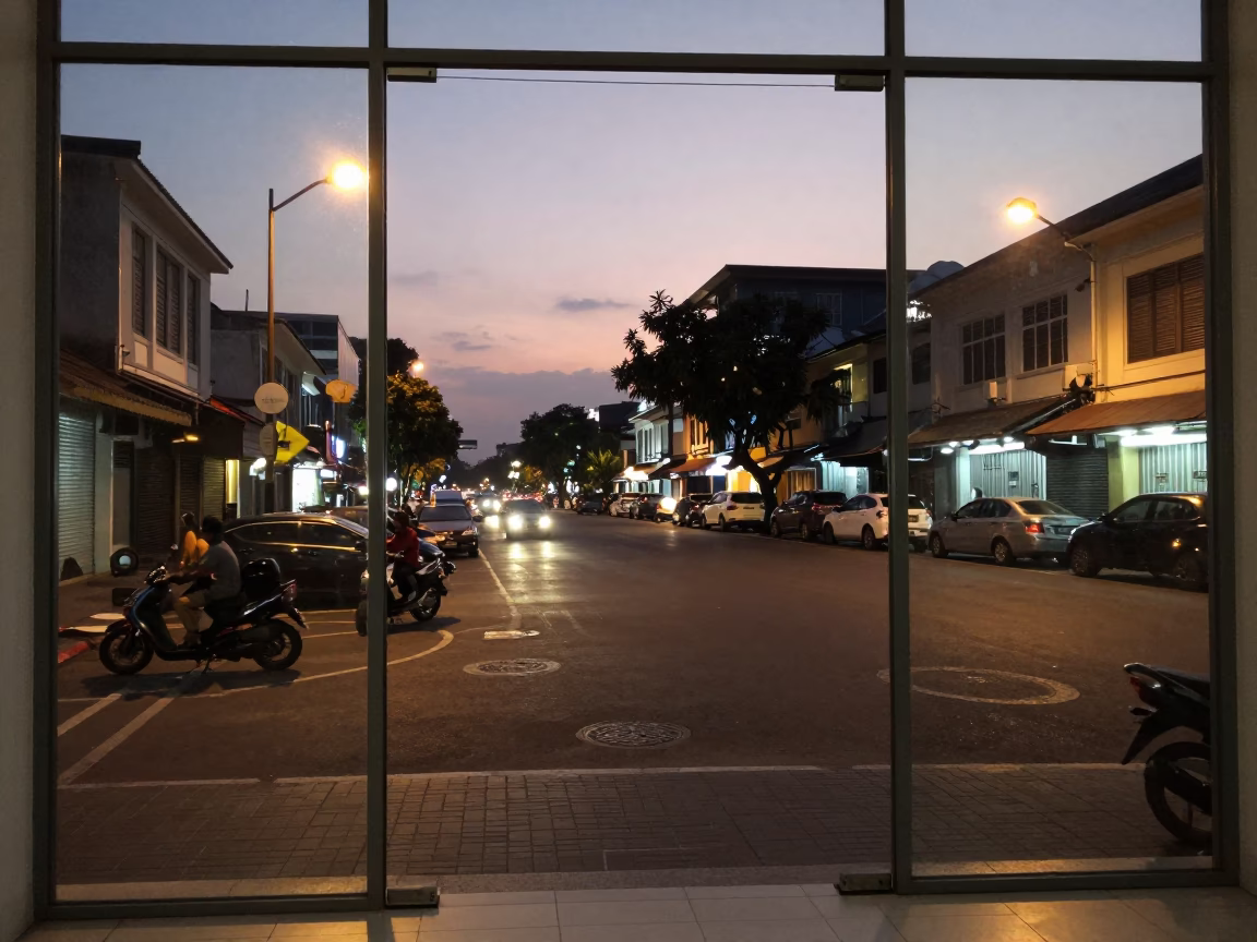 Surabaya Indonesia Evening Street Scene with Clear Glass Doorframe and Urban Activity in in Surabaya, Indonesia
