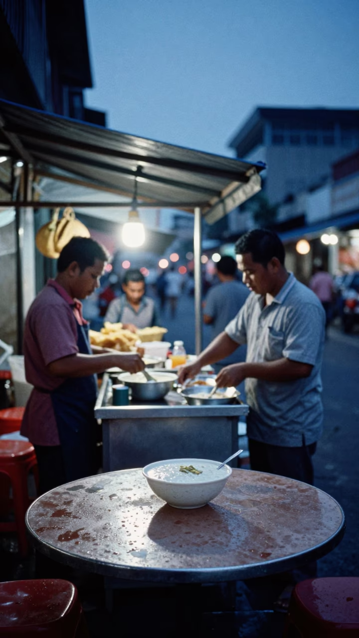 Surabaya Indonesia Evening Street Scene with Condensation on Tabletop and Local Dining Atmosphere in in Surabaya, Indonesia