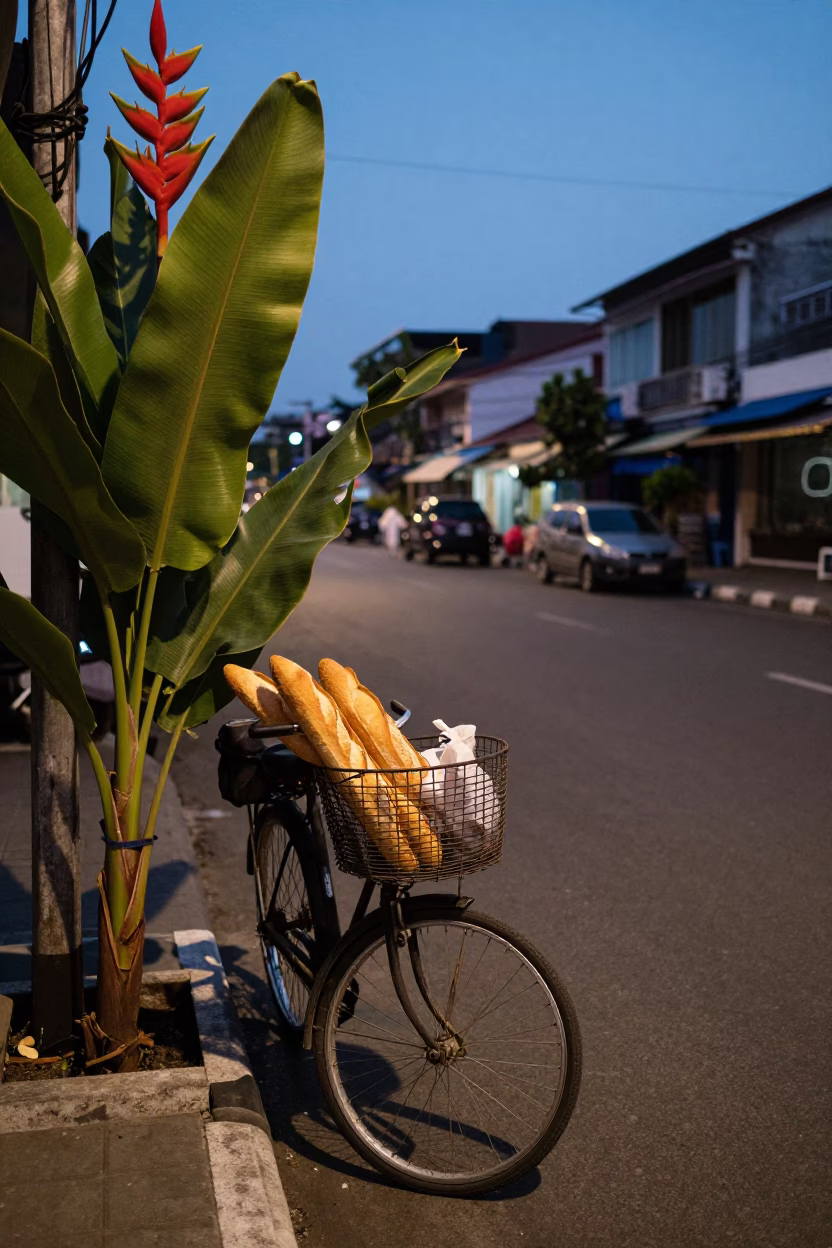 Surabaya Indonesia Evening Street Scene with Heliconia and Bicycle Basket in in Surabaya, Indonesia