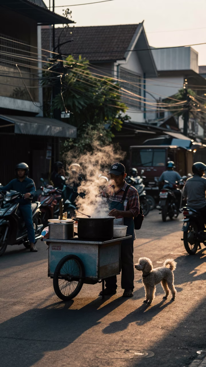 Surabaya Indonesia Evening Street Scene with Local Vendor and Poodle in in Surabaya, Indonesia