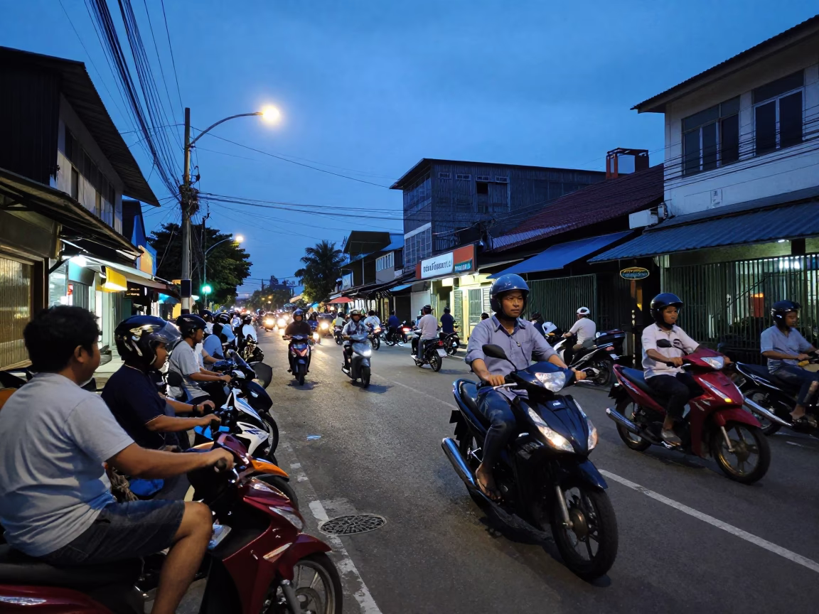 Surabaya Indonesia Evening Street Scene with Motorcycles and Local Life in in Surabaya, Indonesia