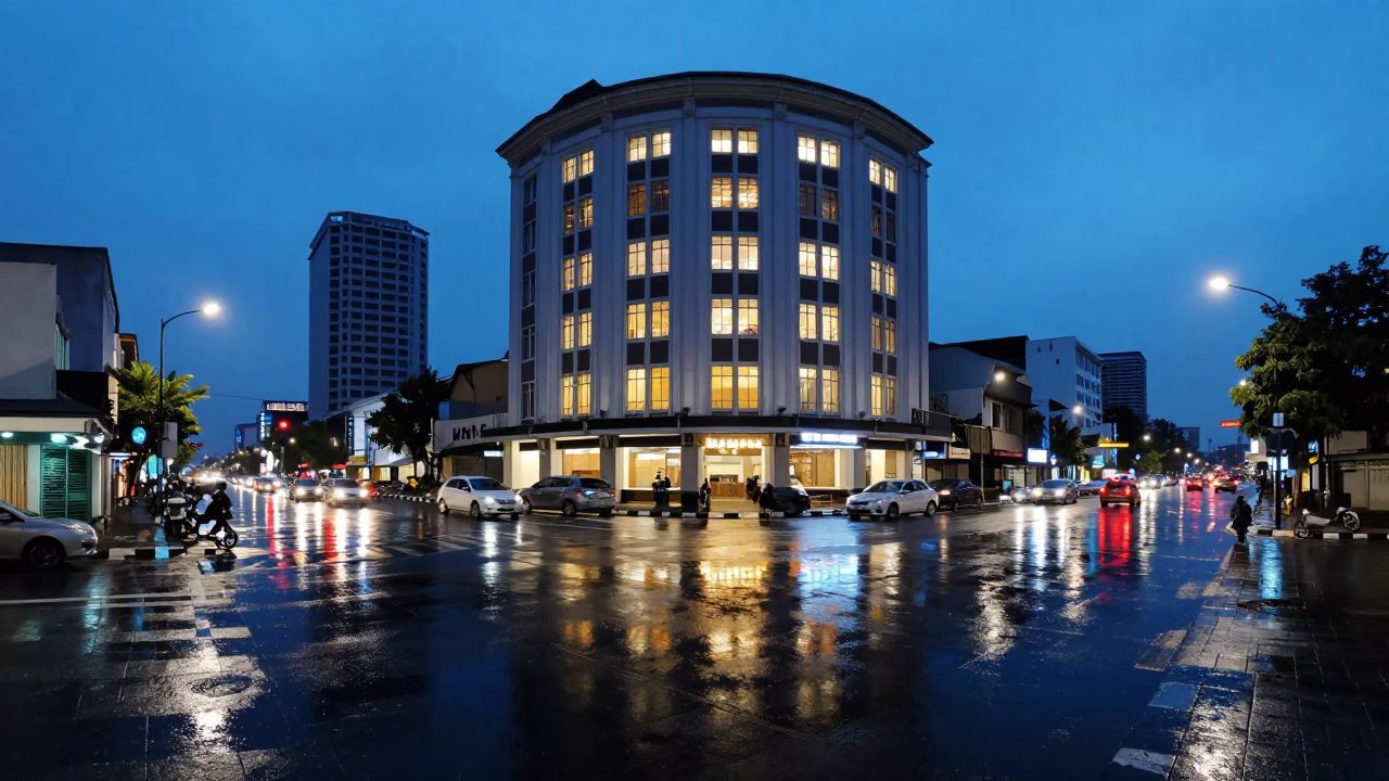 Surabaya Indonesia Evening Street Scene with Reflections and Urban Details in in Surabaya, Indonesia