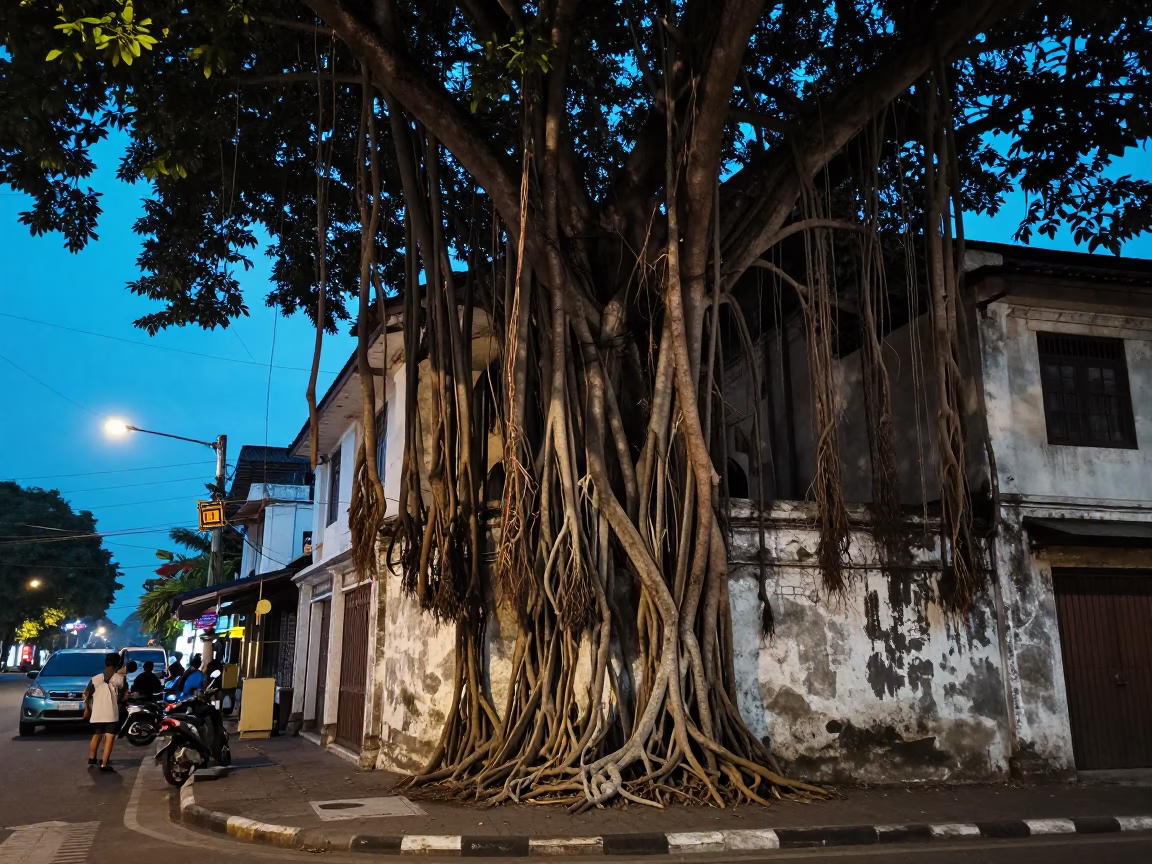 Surabaya Indonesia Evening Street Scene with Strangler Fig and Local Dining Activity in in Surabaya, Indonesia