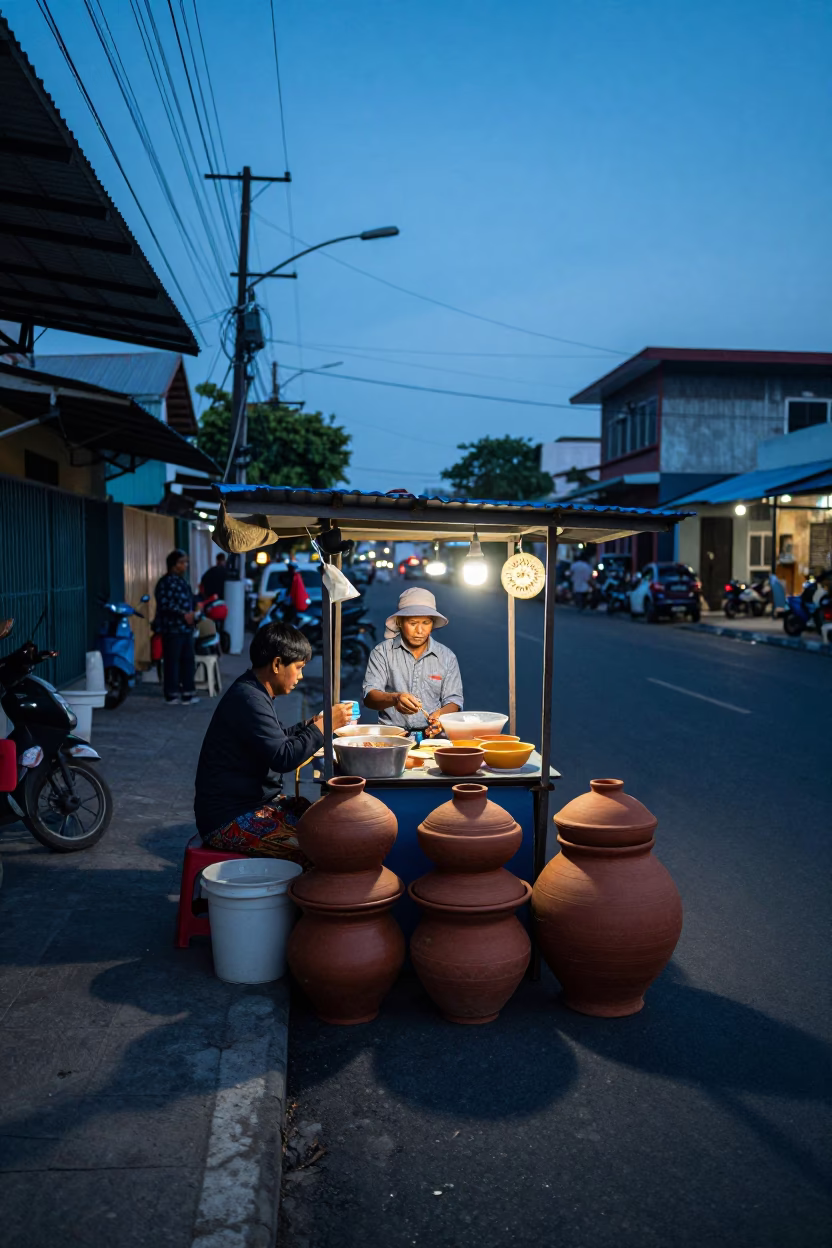 Surabaya Indonesia Evening Street Scene with Traditional Clay Pot and Local Vendor in in Surabaya, Indonesia
