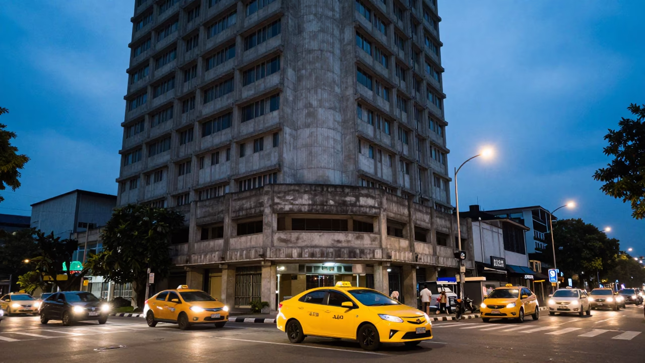 Surabaya Indonesia Evening Street Scene with Yellow Taxi and Concrete Architecture in in Surabaya, Indonesia
