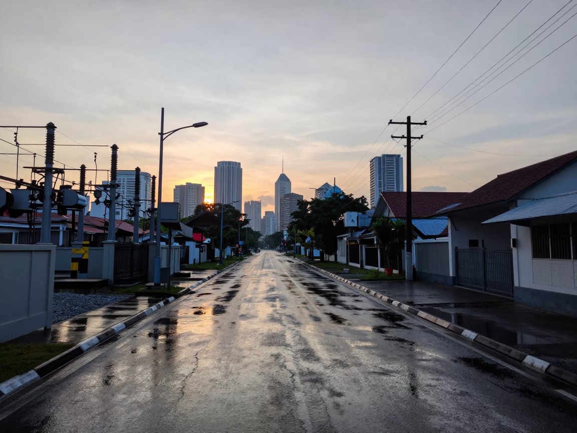 Surabaya Indonesia First Light Street Scene with Substation Road and Puddles in in Surabaya, Indonesia