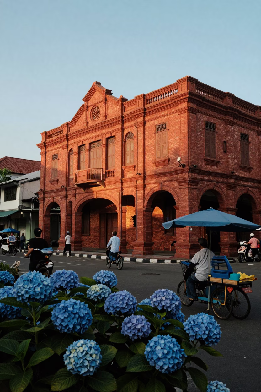 Surabaya Indonesia Golden Hour Street Scene with Blue Hydrangeas and Local Vendor in in Surabaya, Indonesia