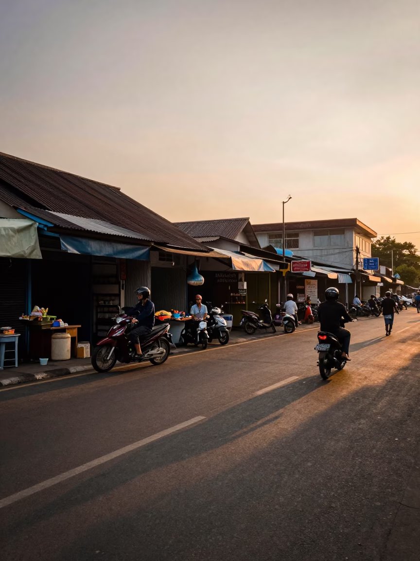 Surabaya Indonesia Golden Hour Street Scene with Motorbike and Shopfronts in in Surabaya, Indonesia