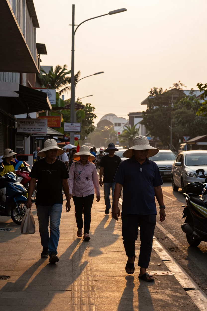 Surabaya Indonesia Golden Hour Street Scene with Sun Hats and Local Activity in in Surabaya, Indonesia