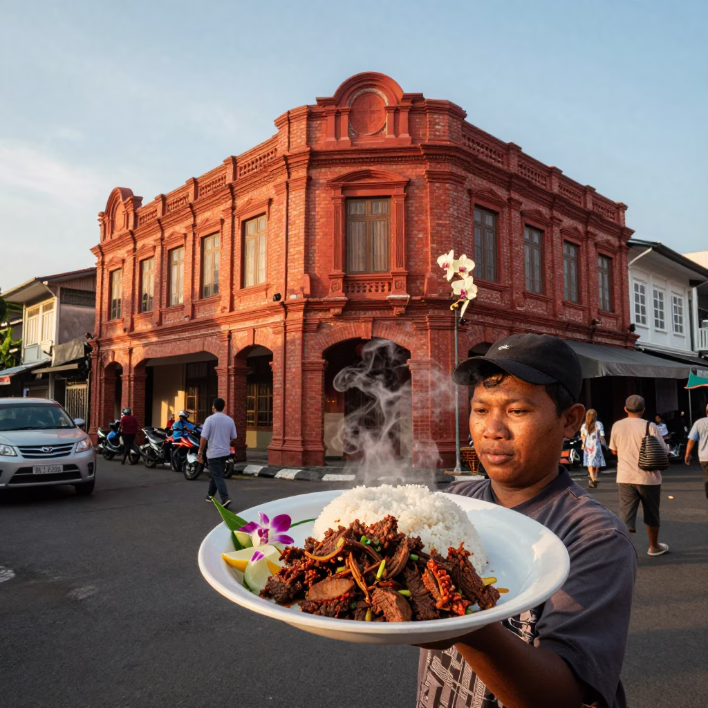 Surabaya Indonesia Golden Hour Street Scene with Vanilla Orchid and Traditional Food in in Surabaya, Indonesia