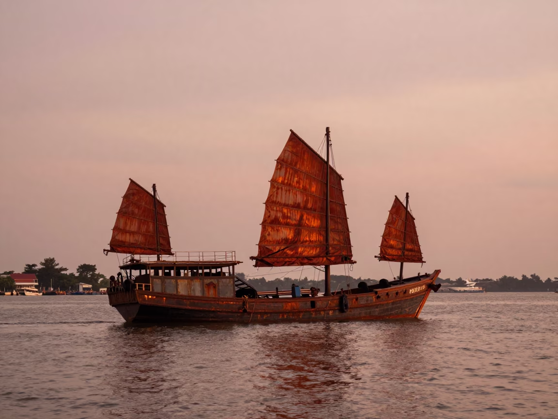 Surabaya Indonesia Harbor at Dusk with Junk Boat and Rust Red Sails in in Surabaya, Indonesia