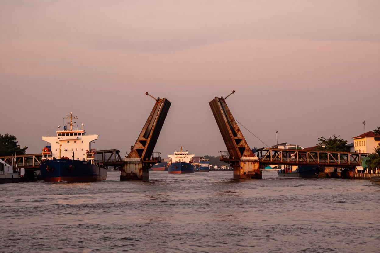 Surabaya Indonesia Harbor Dusk Cargo Ships and Rusted Drawbridge in in Surabaya, Indonesia