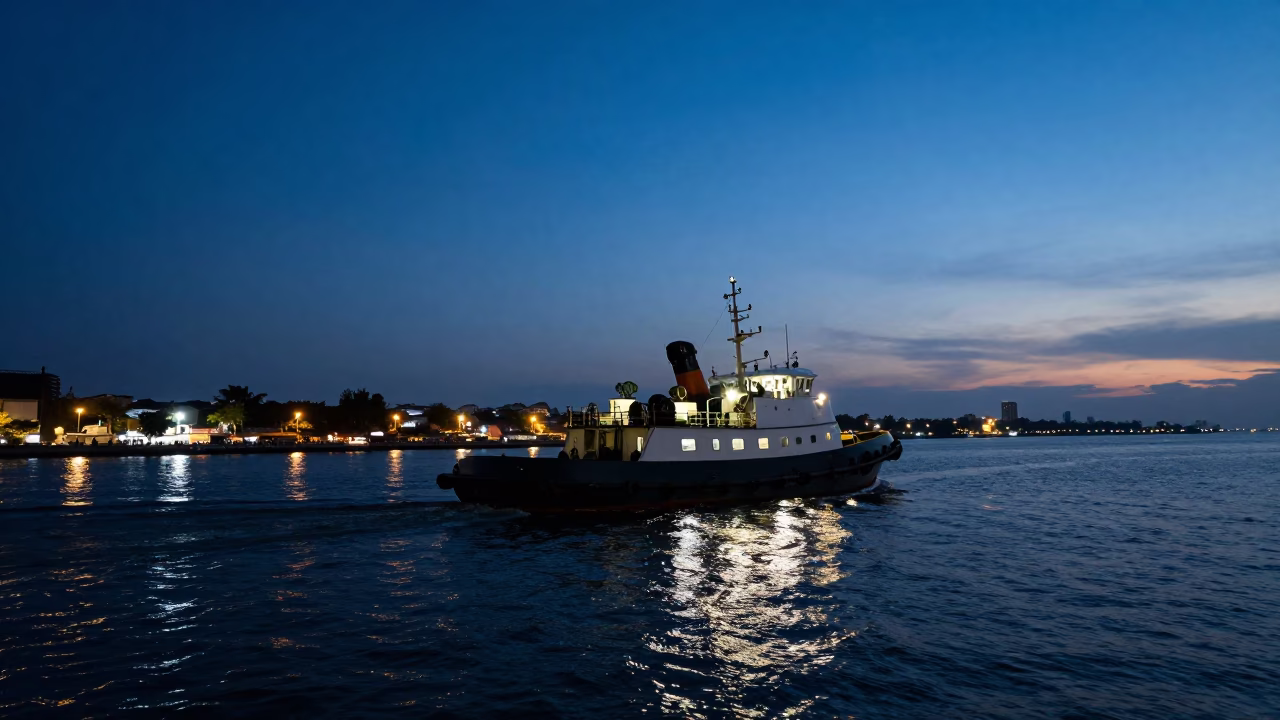 Surabaya Indonesia Harbor Twilight Tugboat City Lights and Urban Street Life in in Surabaya, Indonesia