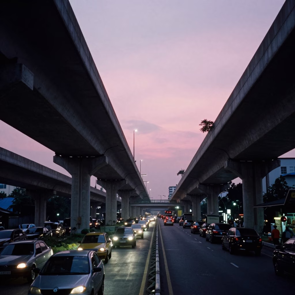 Surabaya Indonesia Highway Flyover Pink Evening Sky Realistic Street Scene in in Surabaya, Indonesia