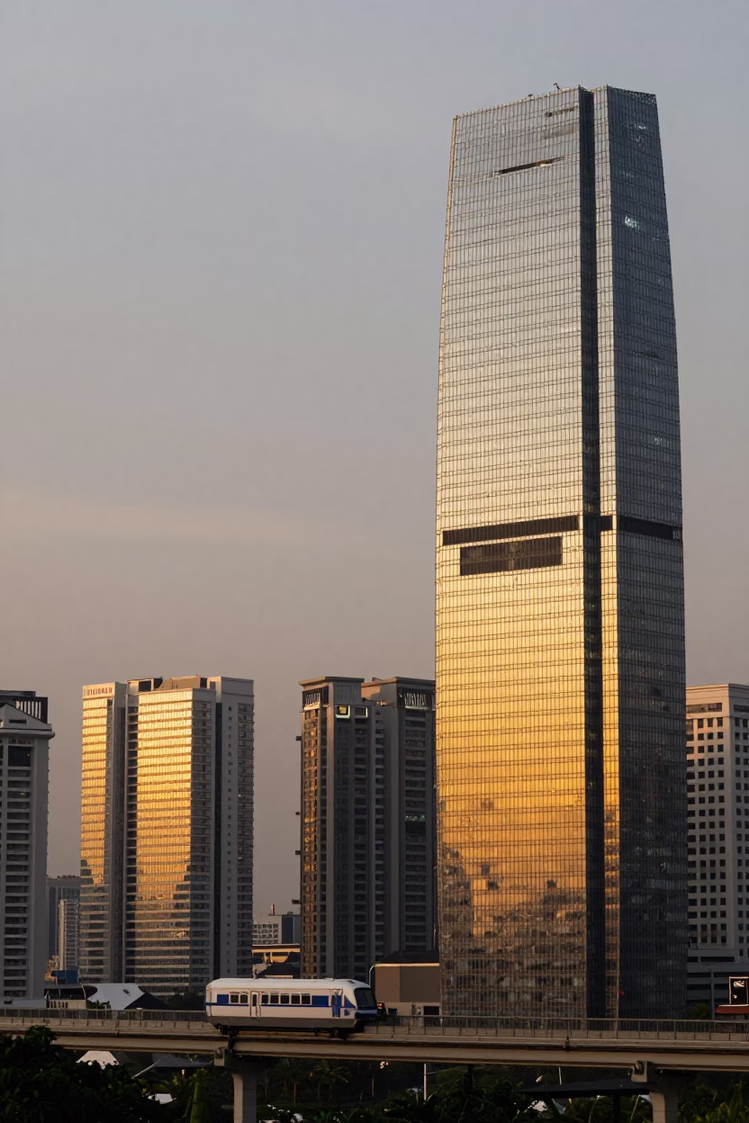 Surabaya Indonesia Honeyed Evening Light Monorail Reflection Glass Skyscraper Horizon Shot 1960s Style in in Surabaya, Indonesia