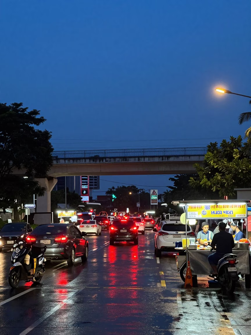 Surabaya Indonesia indigo twilight overpass interchange taillights street food vendor sambusa tray in in Surabaya, Indonesia