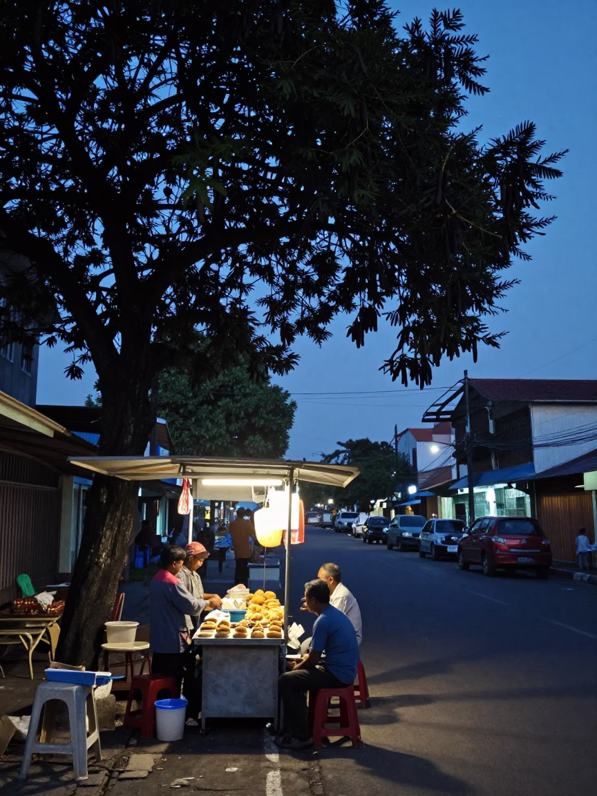 Surabaya Indonesia indigo twilight street scene with tamarind tree and warning beacons in in Surabaya, Indonesia