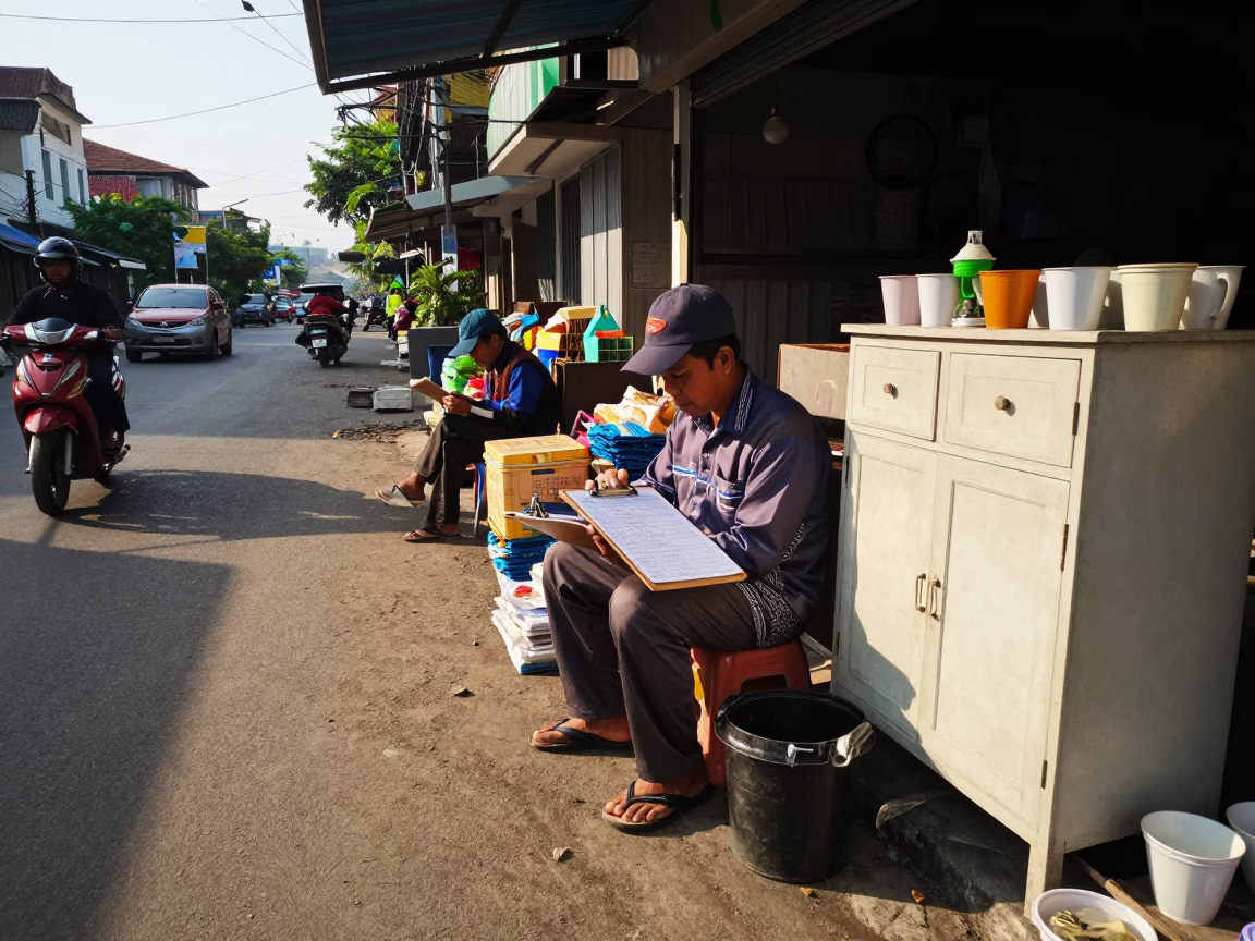 Surabaya Indonesia Late Afternoon Street Scene with Clipboard and Cupboard Doors in in Surabaya, Indonesia