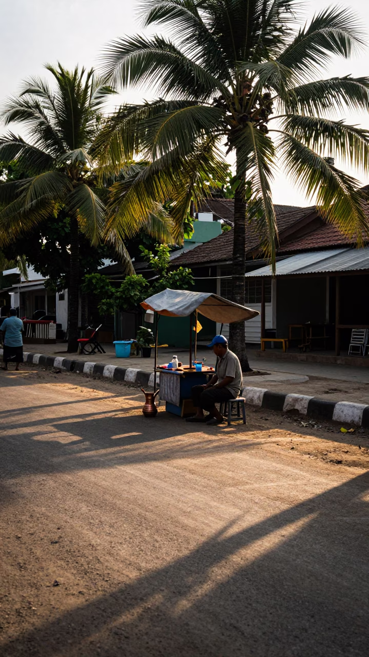 Surabaya Indonesia Late Afternoon Street Scene with Copper Cezve on Hot Sand in in Surabaya, Indonesia