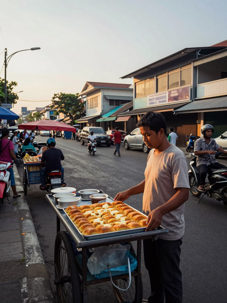 Surabaya Indonesia Late Afternoon Street Scene with Food Vendor and Traffic in in Surabaya, Indonesia