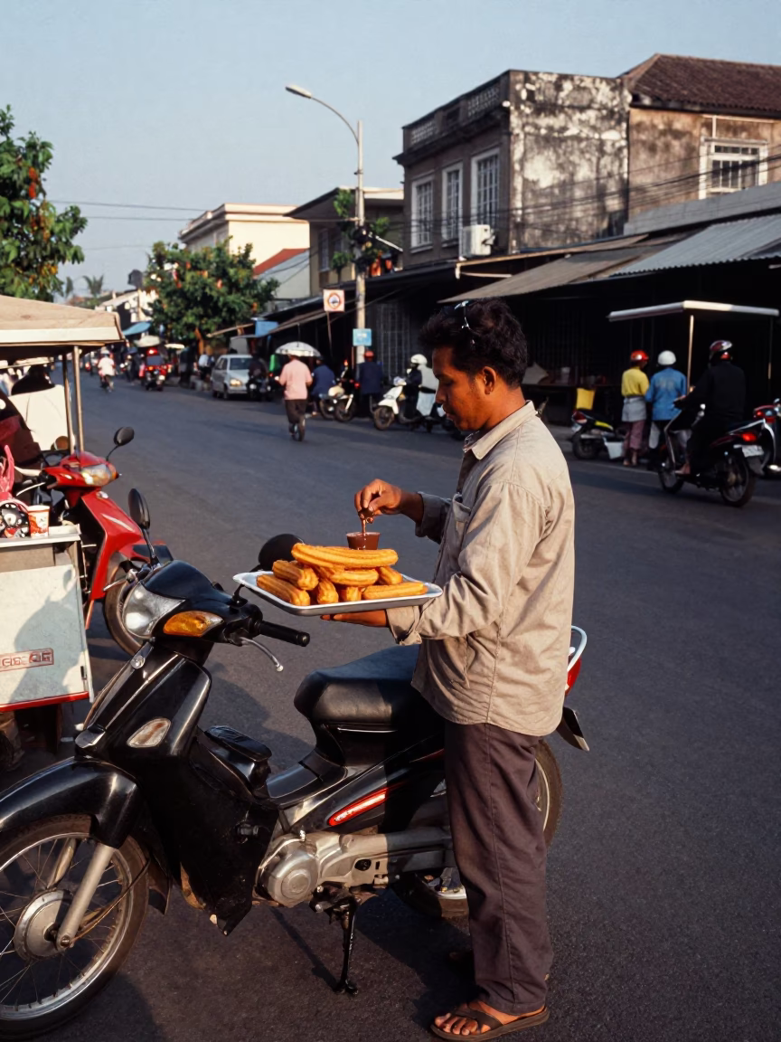 Surabaya Indonesia Late Afternoon Street Scene with Local Street Vendor and Motorbikes in in Surabaya, Indonesia