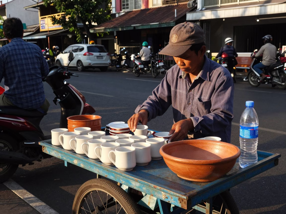 Surabaya Indonesia Late Afternoon Street Scene with Local Vendor and Everyday Objects in in Surabaya, Indonesia