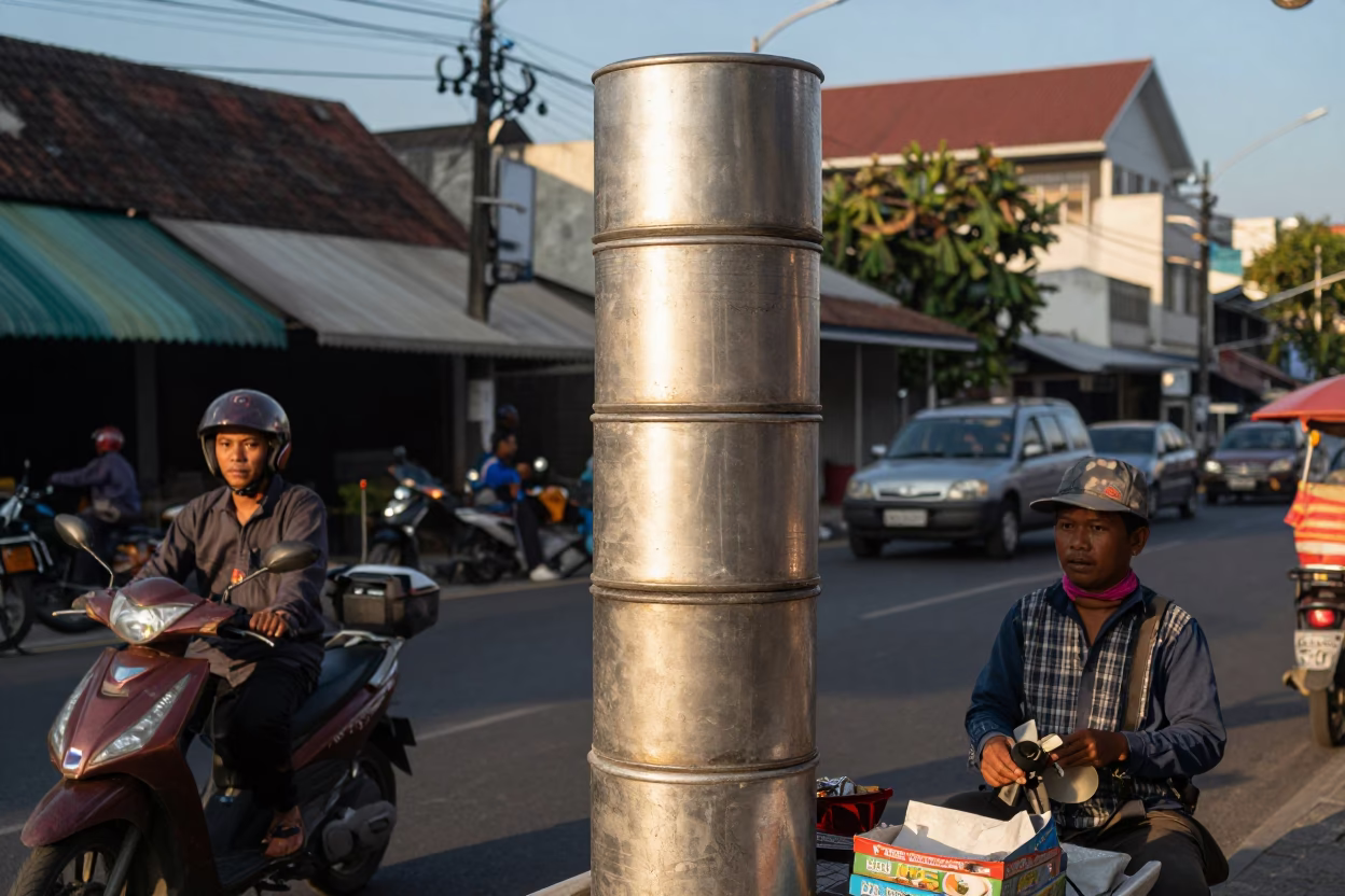 Surabaya Indonesia Late Afternoon Street Scene with Local Vendor and Traditional Tiffin Tin in in Surabaya, Indonesia
