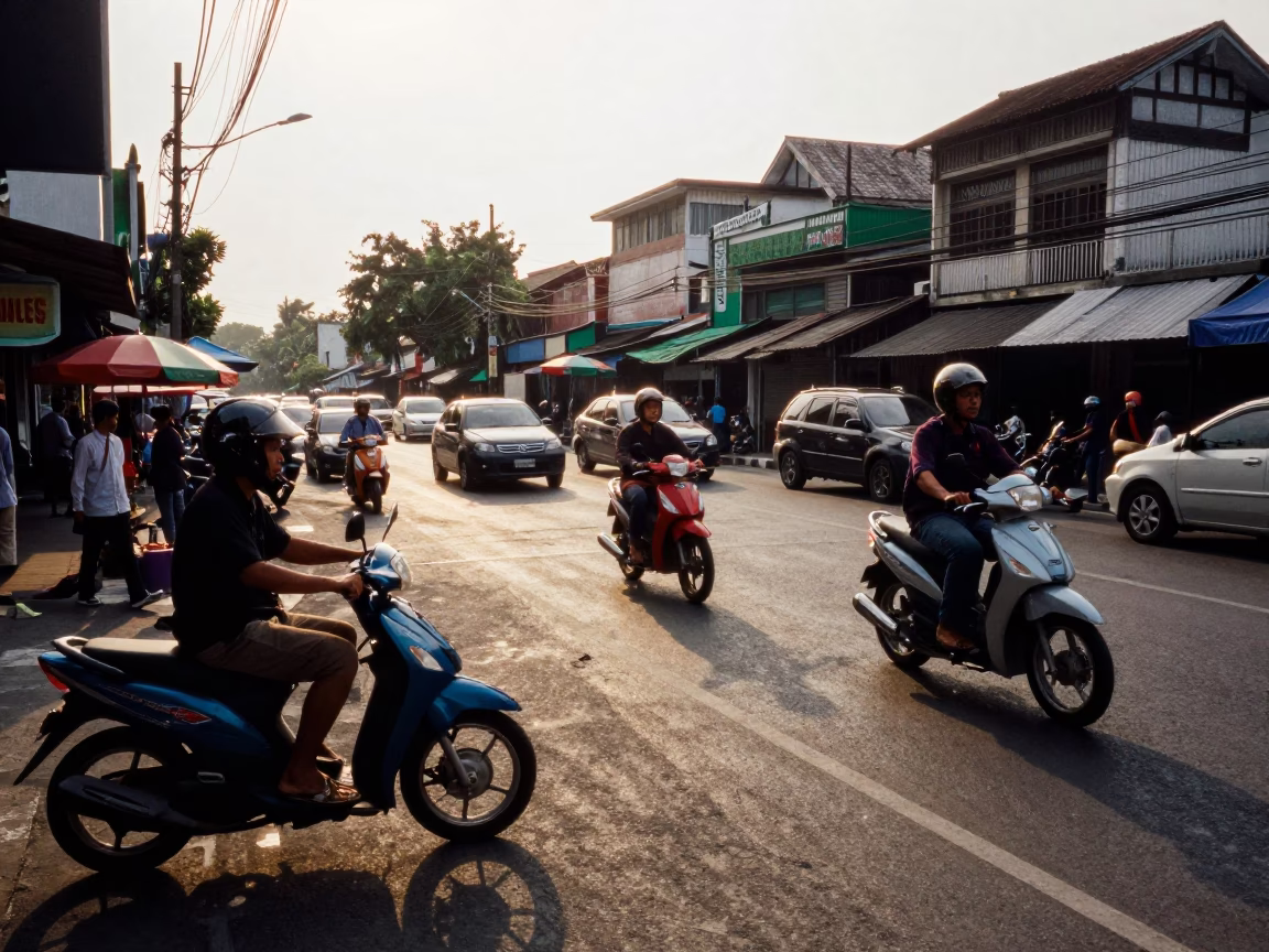 Surabaya Indonesia Late Afternoon Street Scene with Scooter and Local Market Activity in in Surabaya, Indonesia