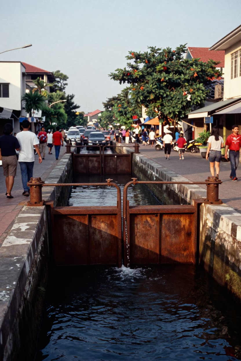 Surabaya Indonesia Late Afternoon Street Scene with Sluice Gate and Muddy Canal in in Surabaya, Indonesia