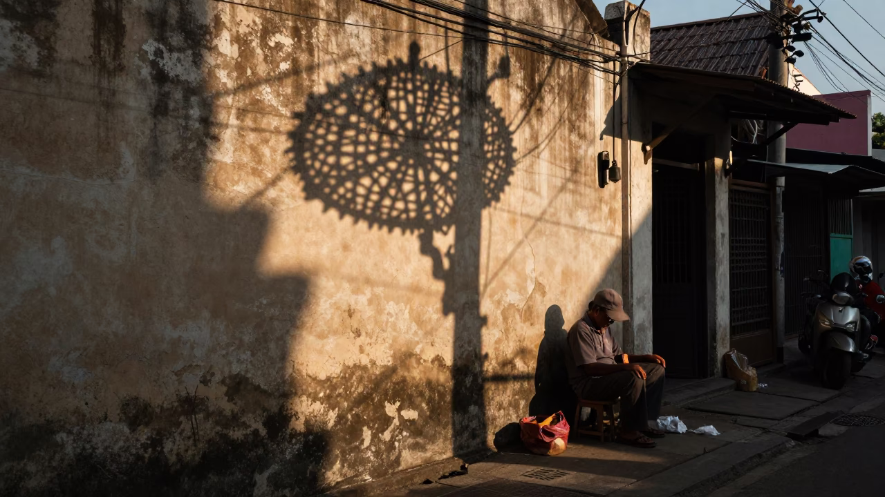 Surabaya Indonesia Late Afternoon Street Scene with Wicker Shadow on Plaster Wall in in Surabaya, Indonesia