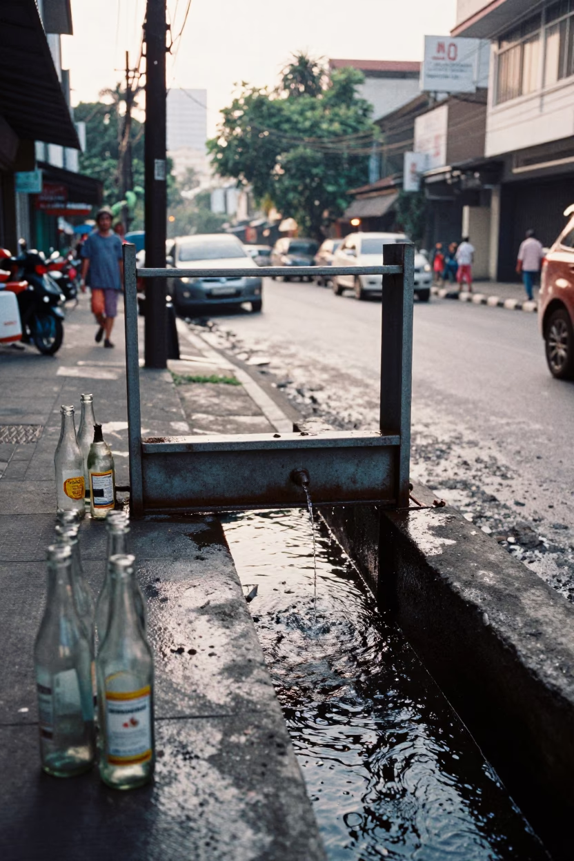 Surabaya Indonesia Late Morning Street Scene with Glass Bottles and Canal Edge in in Surabaya, Indonesia