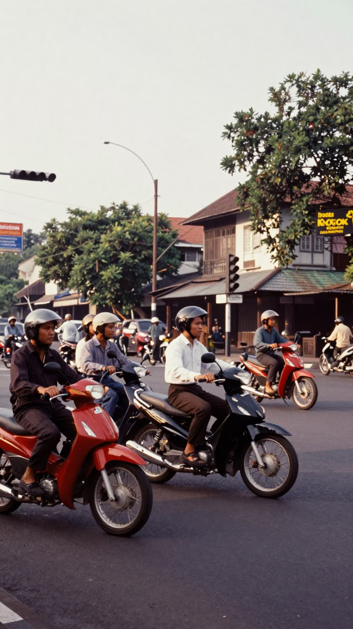 Surabaya Indonesia Late Morning Street Scene with Motorcycles and Local Market Activity in in Surabaya, Indonesia
