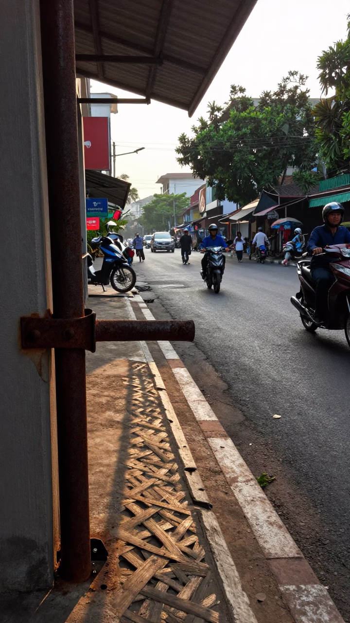 Surabaya Indonesia Late Morning Street Scene with Rusty Latch and Wicker Shadows in in Surabaya, Indonesia