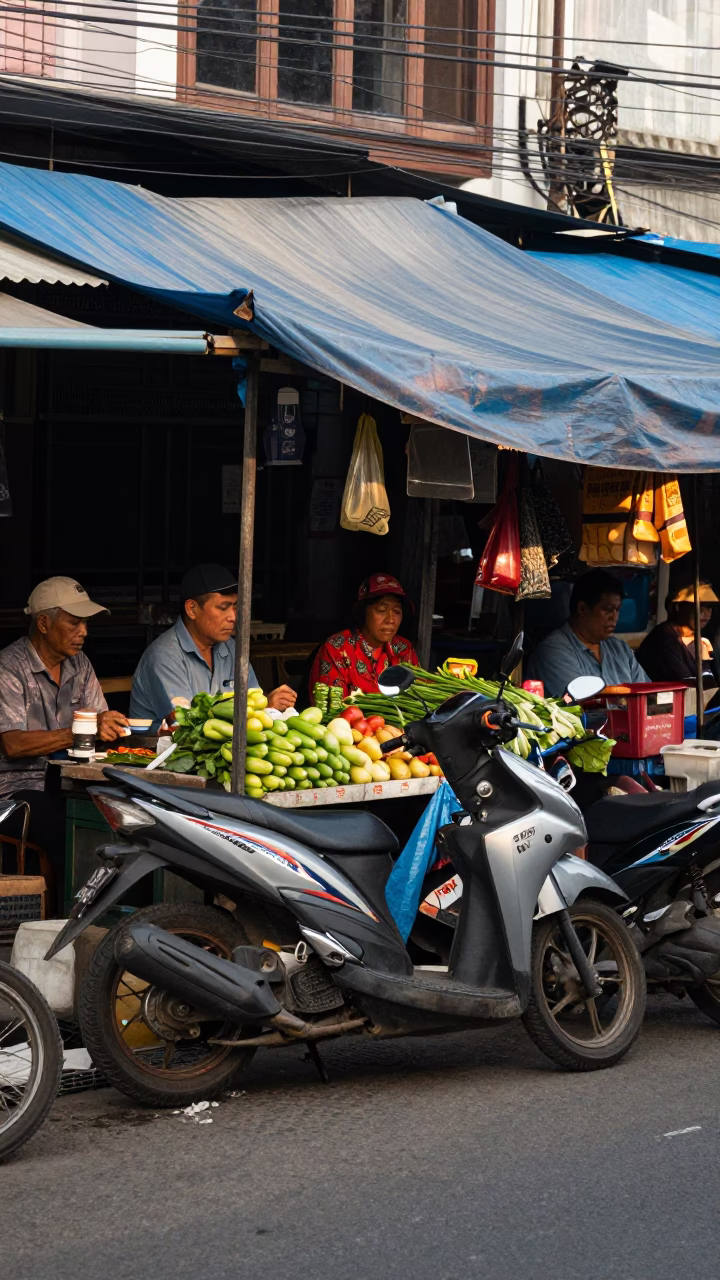 Surabaya Indonesia Late Morning Street Scene with Scooter and Local Market Activity in in Surabaya, Indonesia